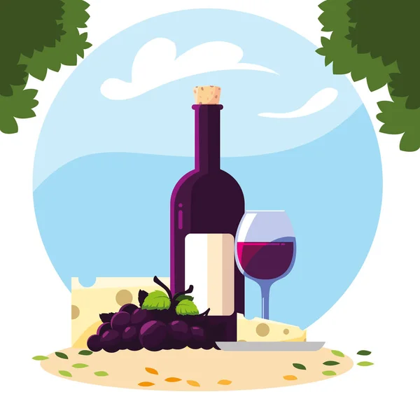 Garrafa e copo de vinho com pedaço de queijo e uvas — Vetor de Stock