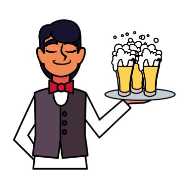 man waiter holding tray beer glasses on white background
