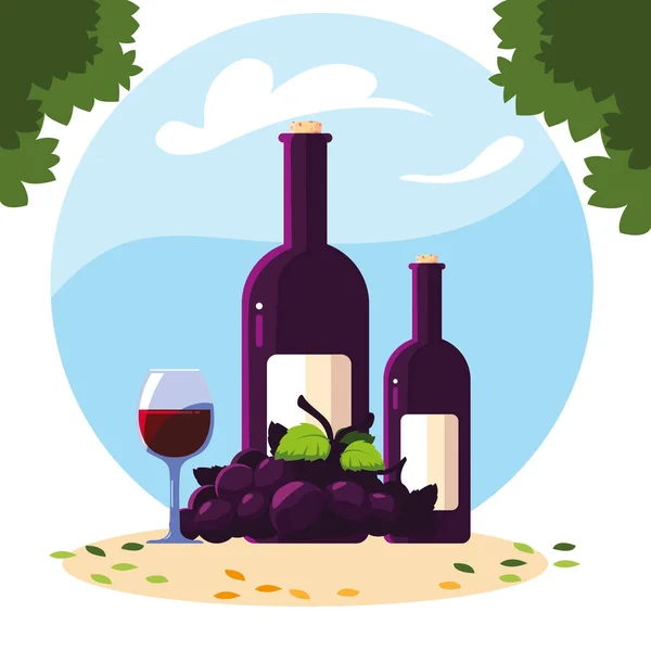 ボトルとブドウとワインのガラス — ストックベクタ