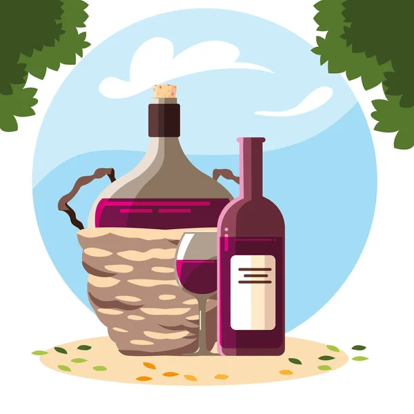 Бутылка вина в плетеной корзине на фоне пейзажа — стоковый вектор