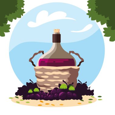 Hasır sepette bir şişe şarap ve üzüm.