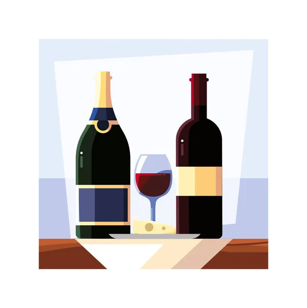 Flasche und Glas Wein mit Käsestück — Stockvektor
