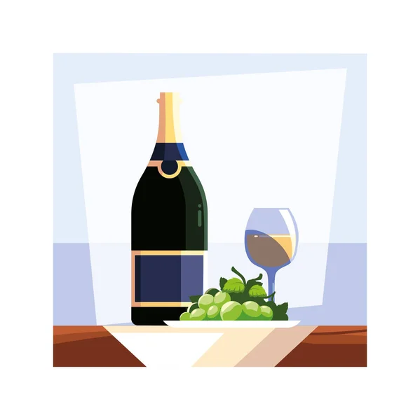 Fles en glas wijn met druiven — Stockvector
