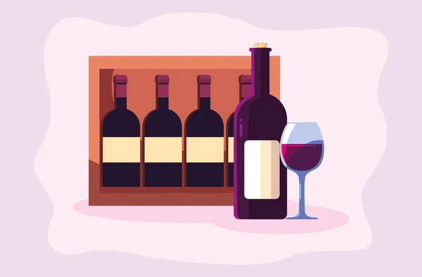 Botella de vino caja y taza vector diseño — Vector de stock