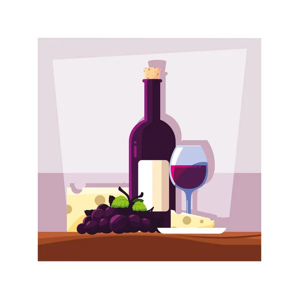 Bottle and glass of wine with piece of cheese and grapes — Stock Vector