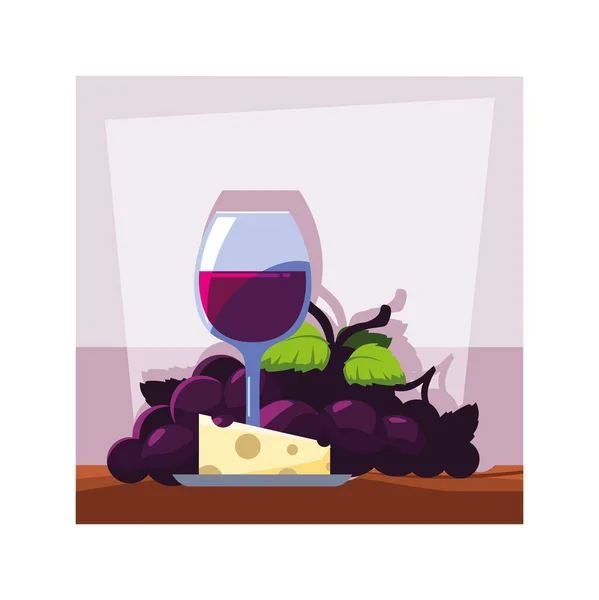 Bicchiere di vino con uva e porzione di formaggio — Vettoriale Stock