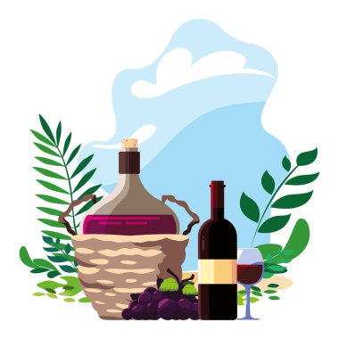 Arka planda hasır sepette şarap şişesi