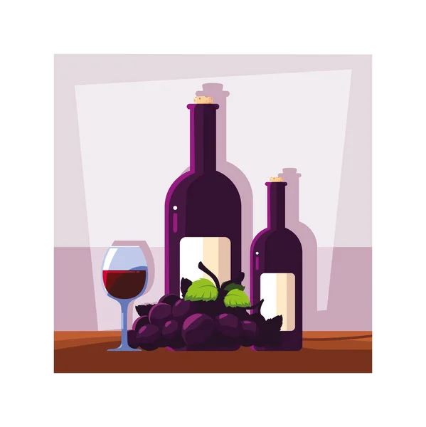 Palack és a pohár bor, szőlő — Stock Vector