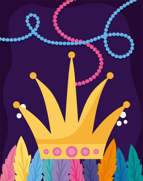 Mardi gras crown with feathers and necklaces vector design — 스톡 벡터