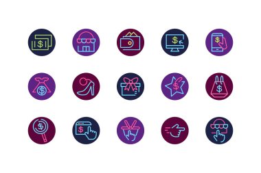 İzole edilmiş alışveriş ve ticaret neon ikonu set vektör tasarımı