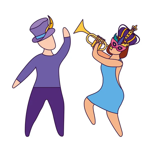 Mujer y hombre con mardi gras máscara corona trompeta y sombrero vector diseño — Archivo Imágenes Vectoriales