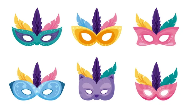 Mardi gras máscaras aisladas conjunto de diseño vectorial — Archivo Imágenes Vectoriales