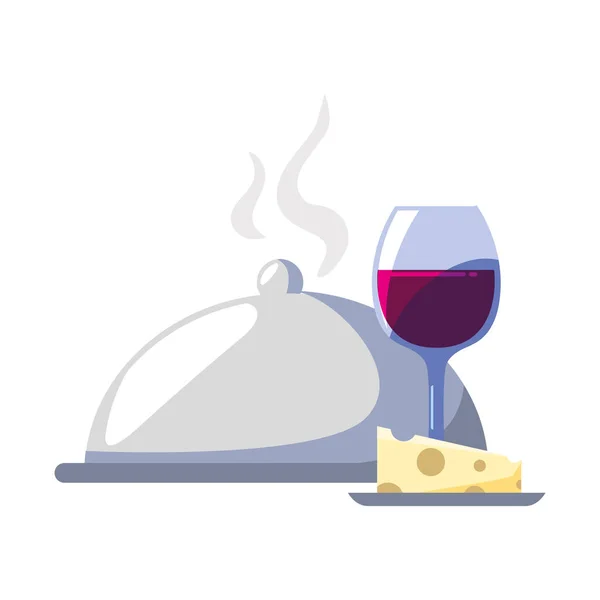 Copa de vino con trozo de queso y bandeja servidor sobre fondo blanco — Vector de stock