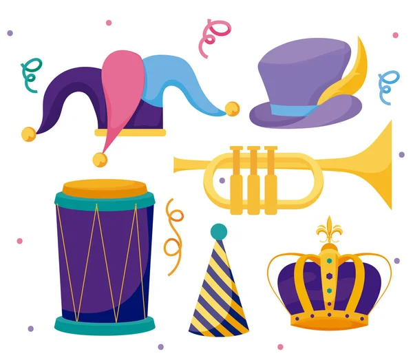 Mardi gras sombreros corona trompeta y tambor vector diseño — Archivo Imágenes Vectoriales
