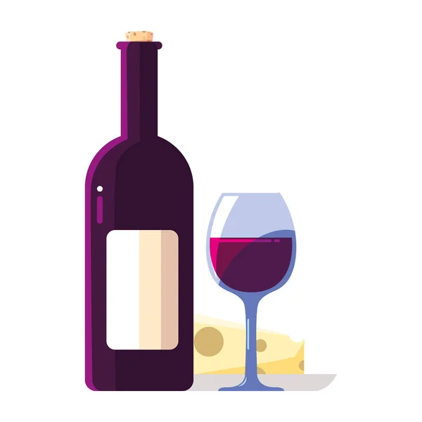 Láhev a sklenice vína s kouskem sýra — Stockový vektor