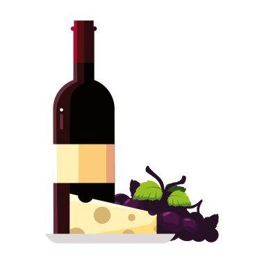 wine bottle with cheese and grapes on white background