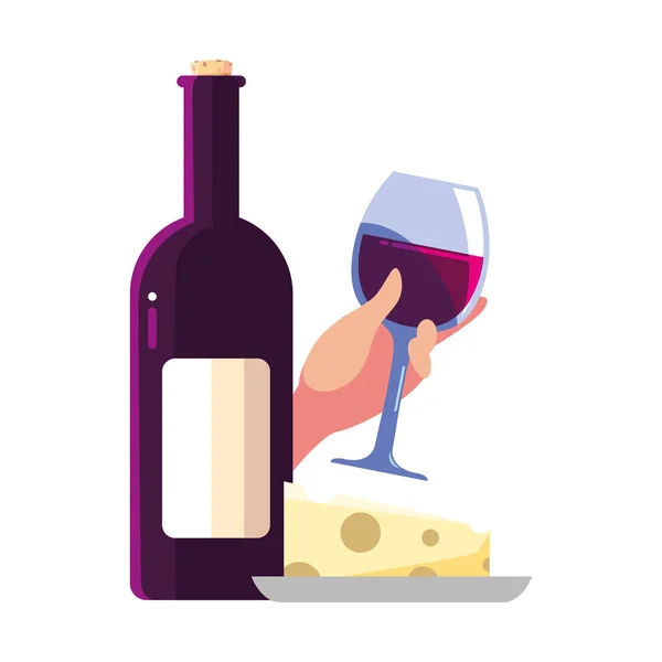 Bouteille et verre de vin avec morceau de fromage — Image vectorielle