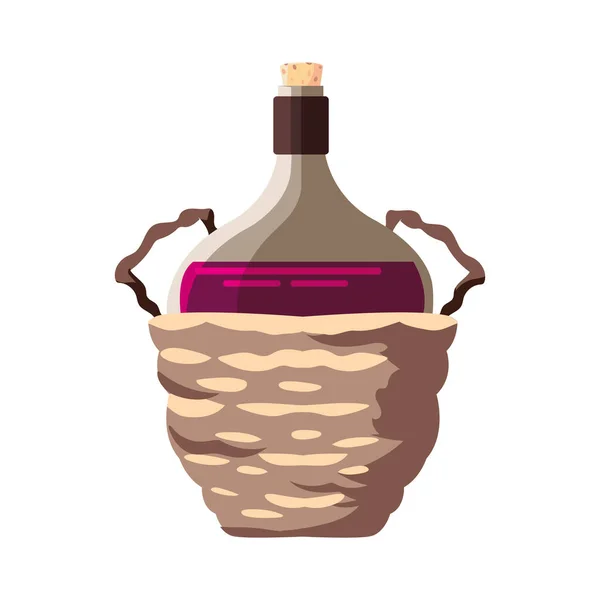 Bottle of wine in wicker basket on white background — ストックベクタ
