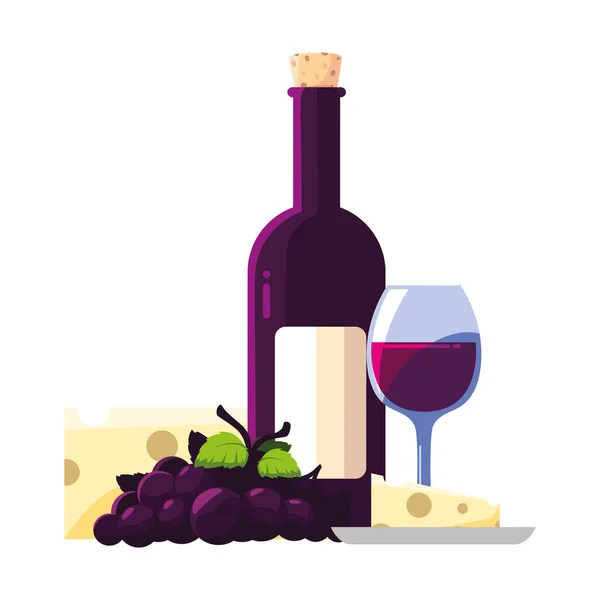 Пляшка і келих вина з шматочком сиру і винограду — стоковий вектор
