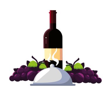 bottle wine with grapes and tray server on white background