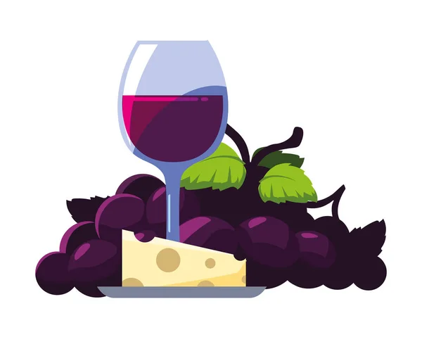 Copo de vinho com uvas e porção de queijo sobre fundo branco —  Vetores de Stock
