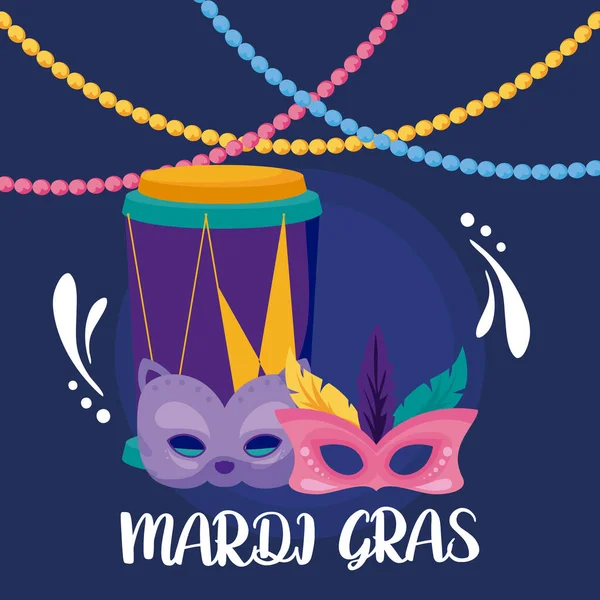 Mardi Gras Masken und Trommel mit Halsketten Vektor-Design — Stockvektor