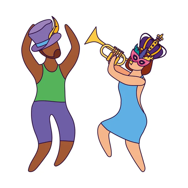 Mujer y hombre con mardi gras máscara corona trompeta y sombrero vector diseño — Archivo Imágenes Vectoriales