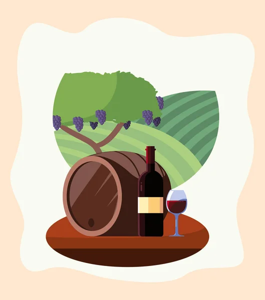 Wine bottle barrel and cup in front of grapes tree vector design — 스톡 벡터