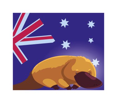 Arkasında Avustralya bayrağı olan bir ornitorenk.