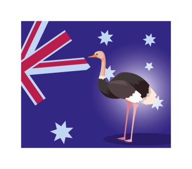 Arkasında Avustralya bayrağı olan devekuşu.