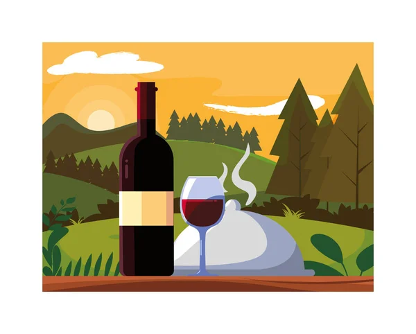 Bouteille et verre de vin avec paysage de fond — Image vectorielle