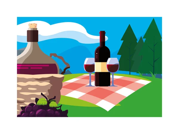 Bottiglia di vino in vimini cestino su sfondo paesaggio — Vettoriale Stock