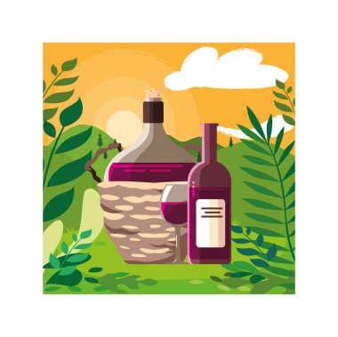 Arka planda hasır sepette şarap şişesi