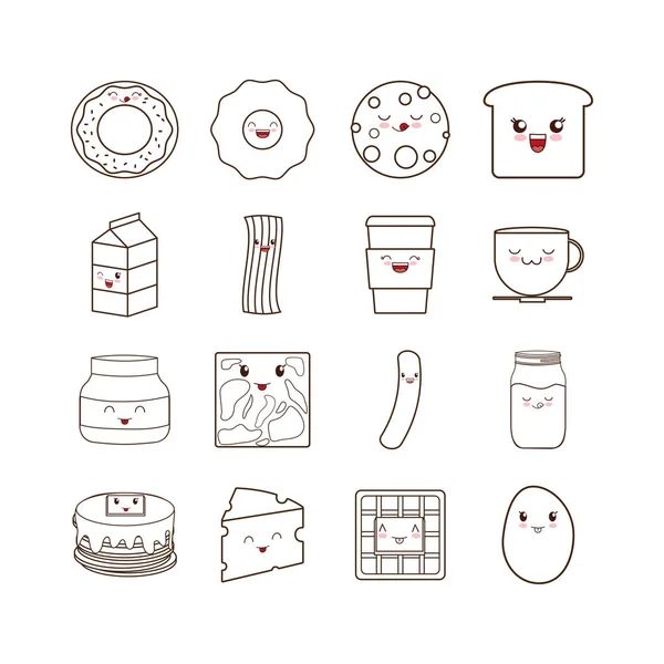 Kawaii dibujos animados de desayuno conjunto de alimentos vector de diseño — Vector de stock