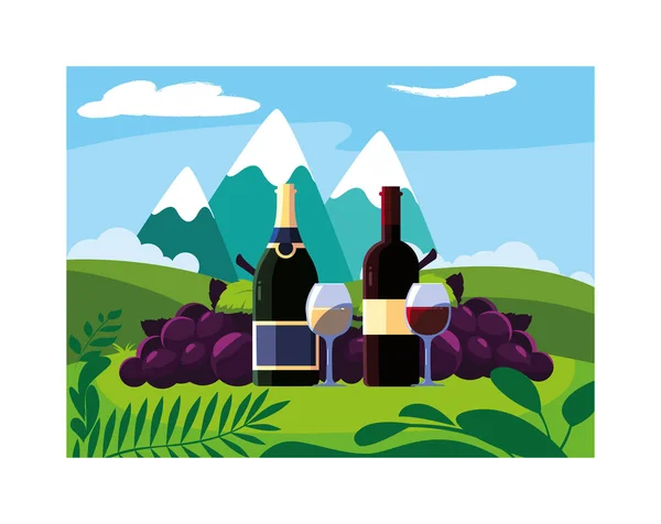 Botella y copa de vino con uvas — Vector de stock