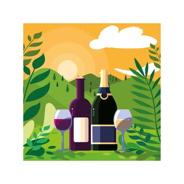 Bottle and glass of wine with landscape background and nature — Stock Vector