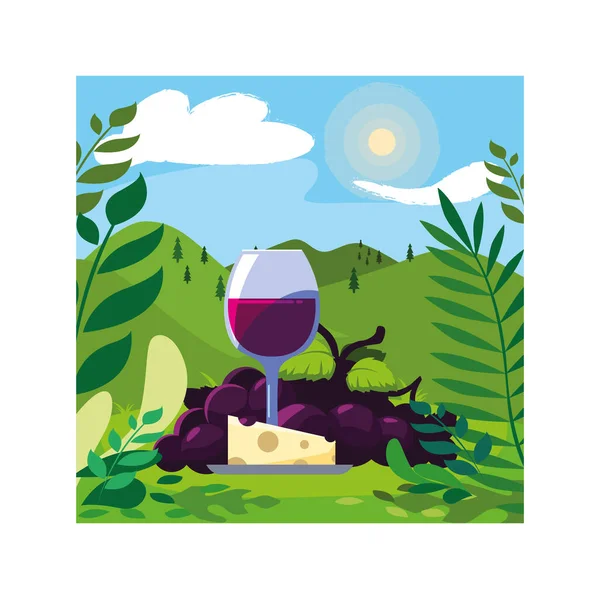 Wine glass with grapes and cheese portion — Stock Vector