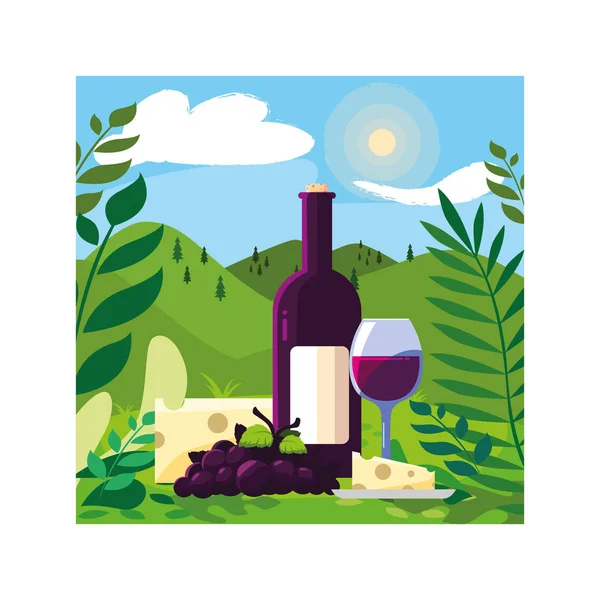 Botella y copa de vino con trozo de queso y uvas — Vector de stock