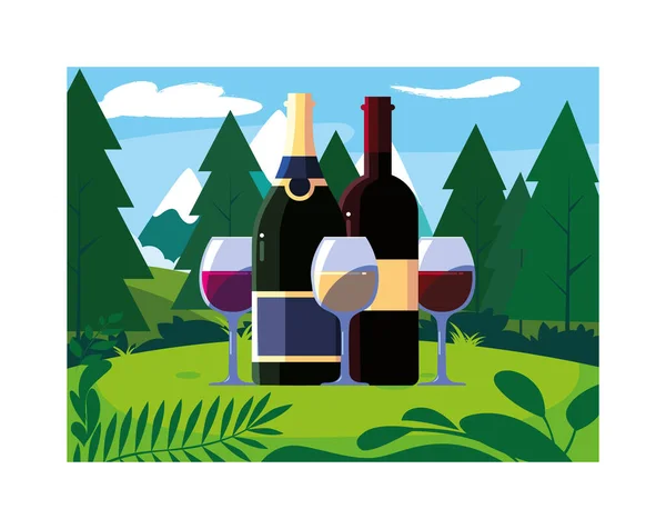 Bottle and glass of wine with landscape background and nature — Stock Vector