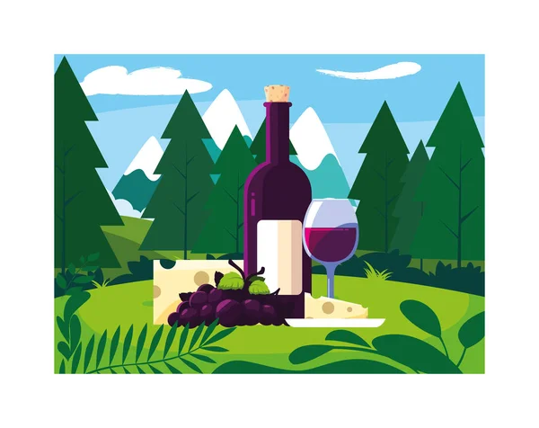 Bottiglia e bicchiere di vino con pezzo di formaggio e uva — Vettoriale Stock