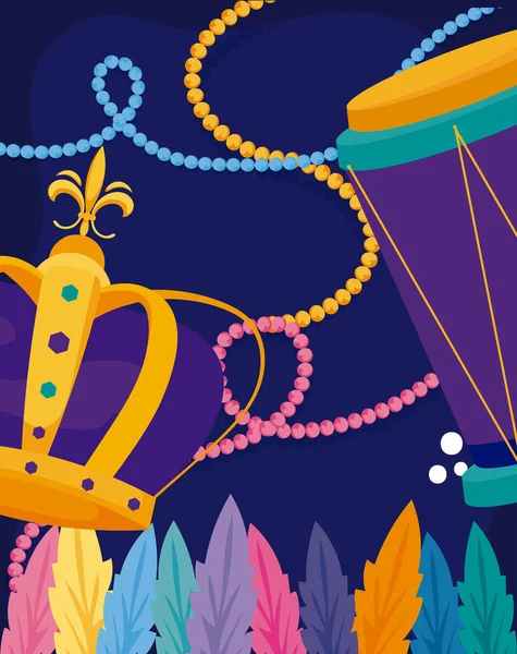 Mardi gras crown and drum with necklaces vector design — 스톡 벡터