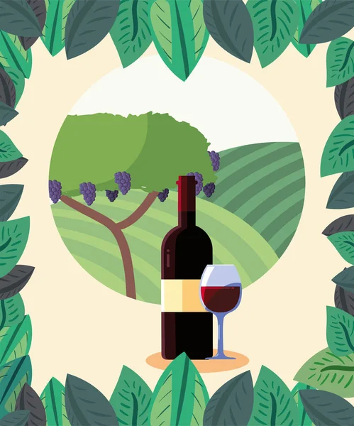 Botella de vino y copa delante del diseño del vector del árbol de uvas — Archivo Imágenes Vectoriales