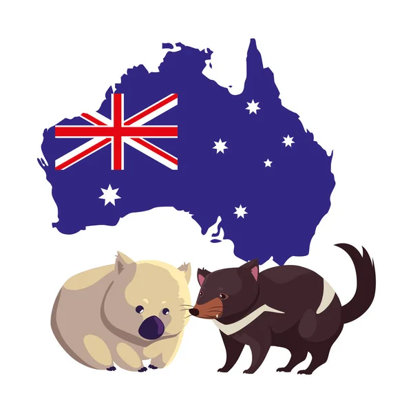 Wombat und Tasmanischer Teufel mit Landkarte von Australien im Hintergrund — Stockvektor