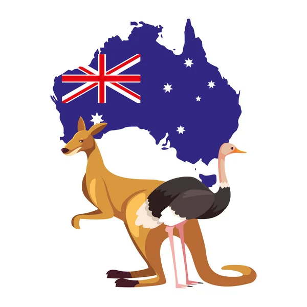 Känguru und Strauß mit Landkarte von Australien im Hintergrund — Stockvektor