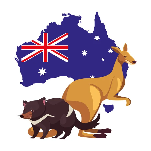 Känguru und Tasmanischer Teufel mit Landkarte von Australien im Hintergrund — Stockvektor