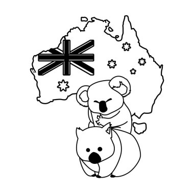Koala ve wombat. Arka planda Avustralya haritası var.