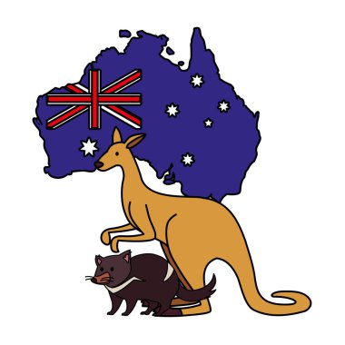 Arkasında Avustralya haritası olan Tazmanya canavarı ve kanguru.