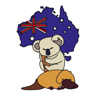 Arkasında Avustralya haritası olan koala ve ornitorenk.
