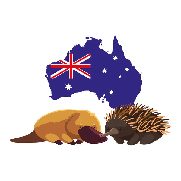 Platypus et echidna avec carte de l'Australie en arrière-plan — Image vectorielle