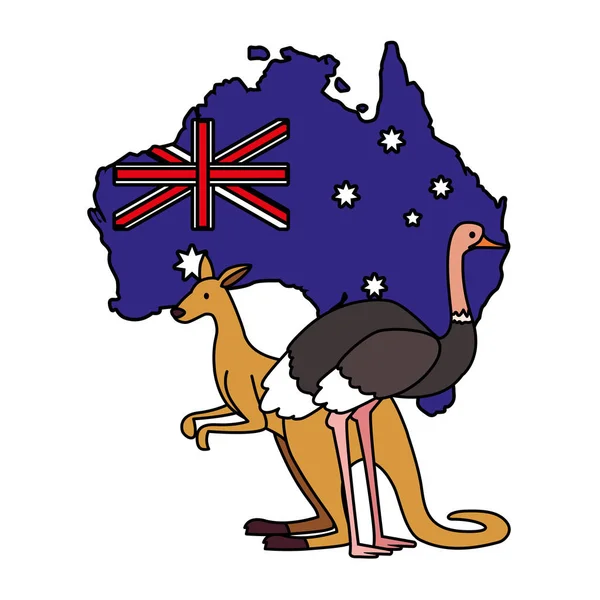 Kangourou et autruche avec carte de l'Australie en arrière-plan — Image vectorielle